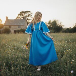 Vintage 70s Gunne Sax style cottagecore big sleeved blue babydoll maxi dress